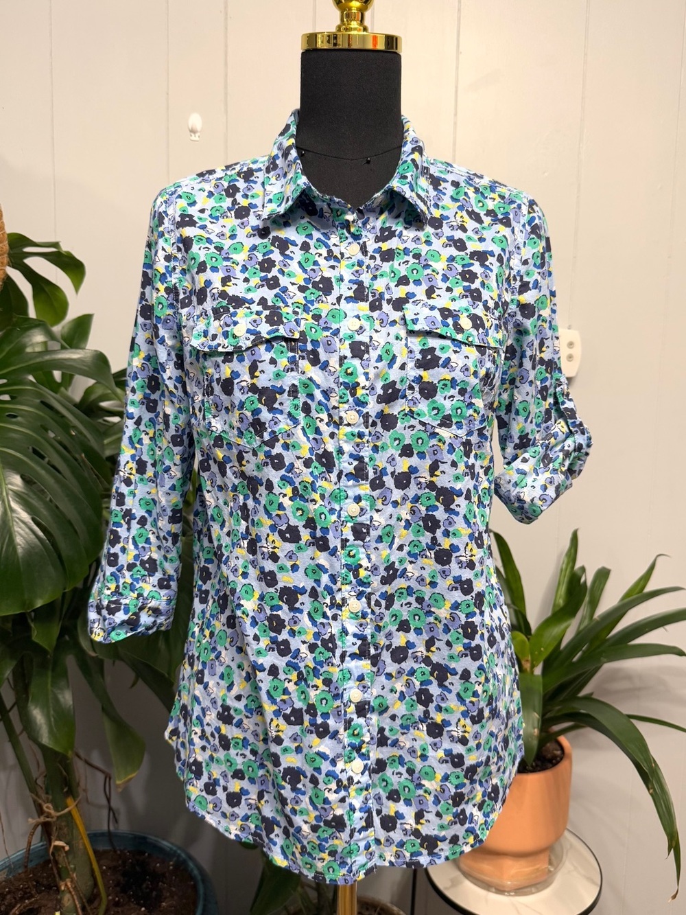 #17)  St. John's Bay Floral Button-Up Shirt in Blue, Green & Yellow